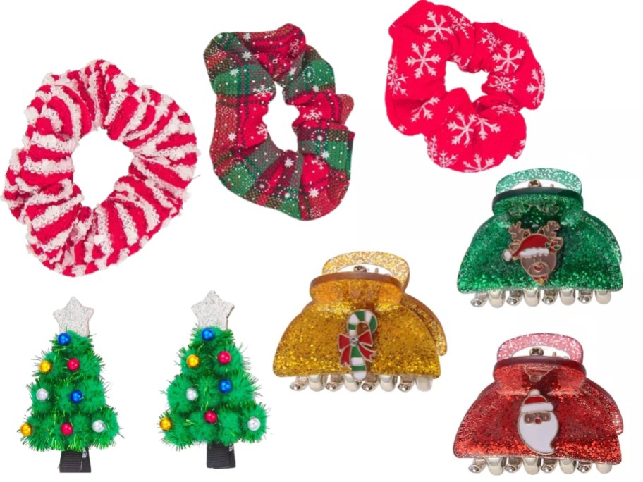 Christmas hair accessories - scrunchies, hair bows shaped like Christmas trees, and claw clips