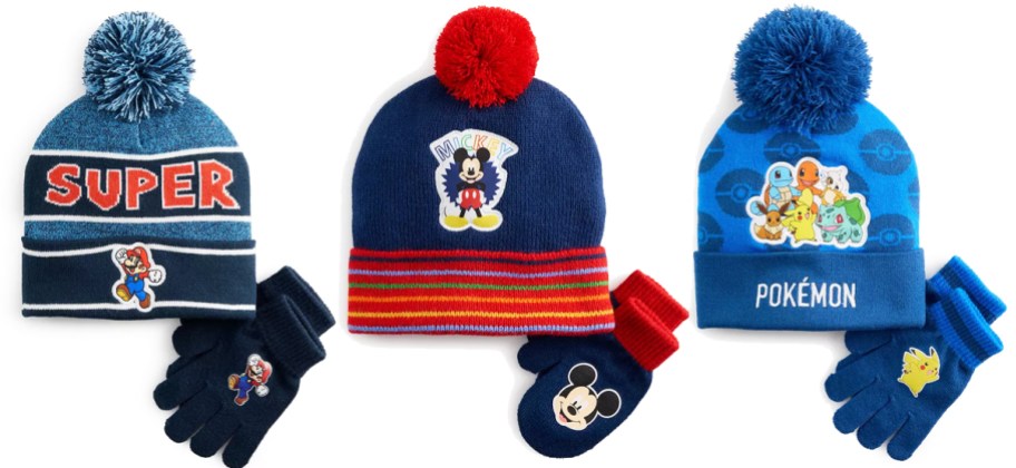 mario, mickey mouse, and pokemon themed beanie and glove sets