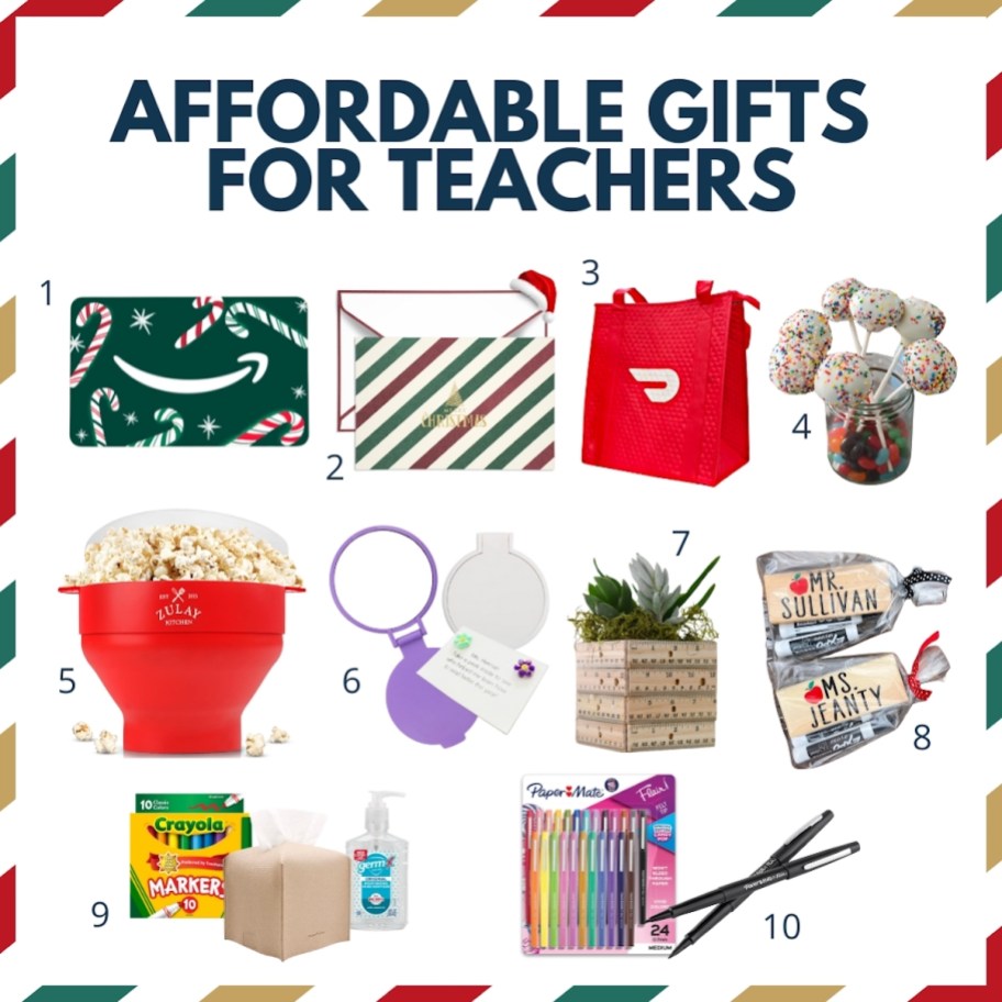 collage graphic of affordable gifts for teachers