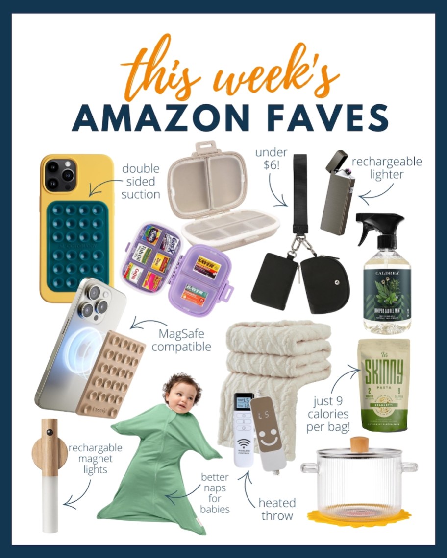 Collage graphic of this weeks Amazon faves with various stock photos of items 