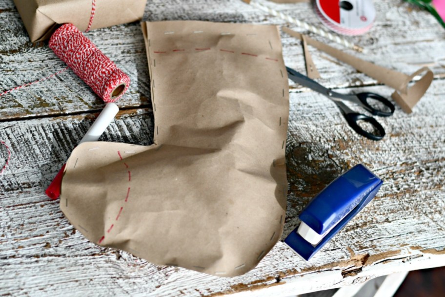 stocking gift wrap made from kraft paper