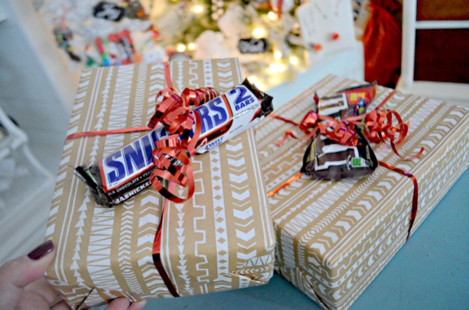 wrapped gifts topped with candy