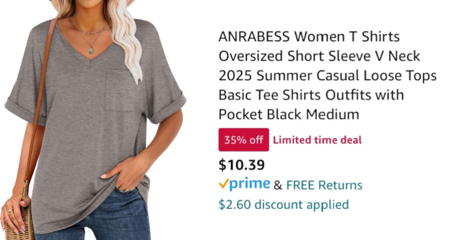 woman wearing tan t-shirt next to Amazon pricing information