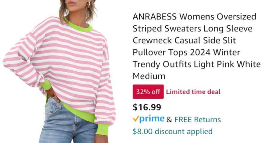 woman wearing striped sweater next to Amazon pricing information