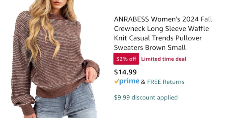 woman wearing brown sweater next to Amazon pricing information