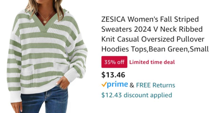 woman wearing striped sweater next to Amazon pricing information