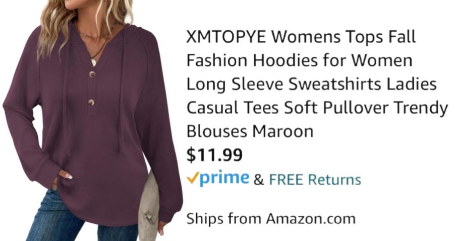 woman wearing purple hoodie next to Amazon pricing information