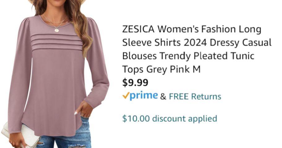 woman wearing pink shirt next to Amazon pricing information