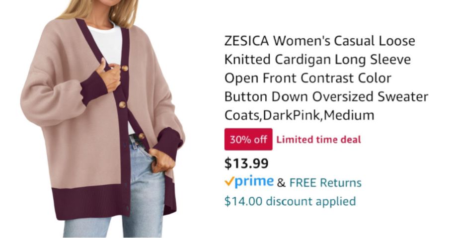 woman wearing cardigan sweater next to Amazon pricing information