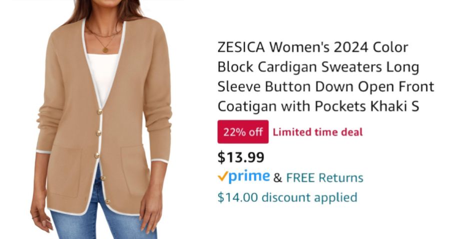 woman wearing tan cardigan next to Amazon pricing information