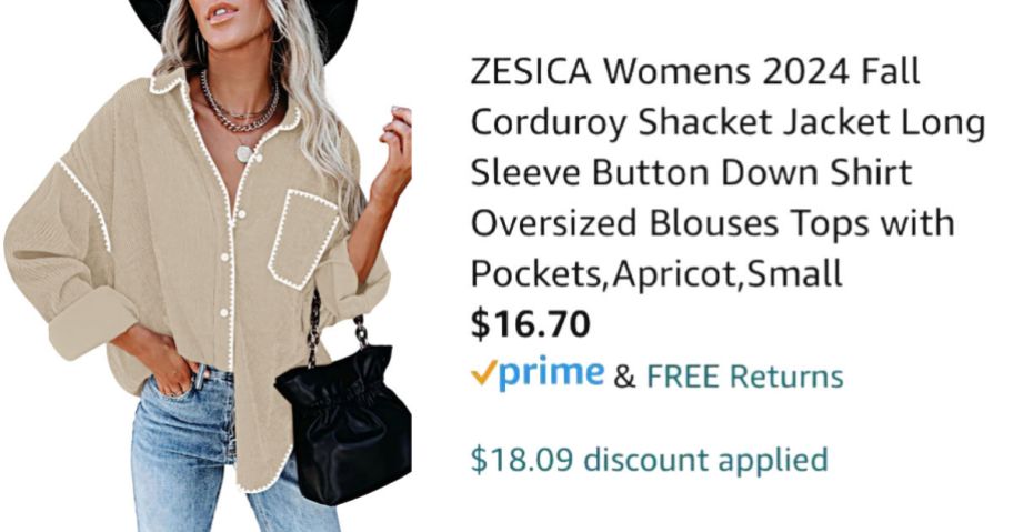 woman wearing tan jacket next to Amazon pricing information