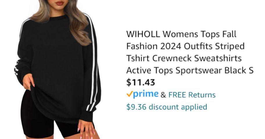 woman wearing black sweatshirt next to Amazon pricing information