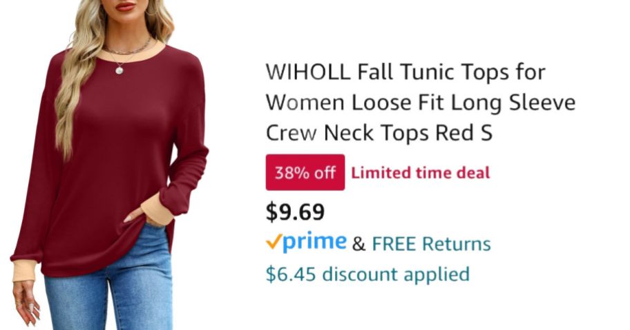 woman wearing red sweatshirt next to Amazon pricing information