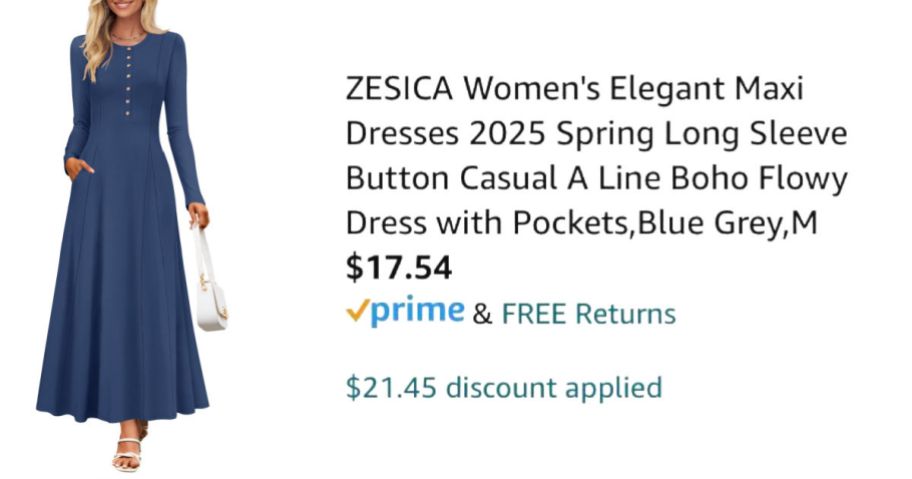 woman wearing blue dress next to Amazon pricing information