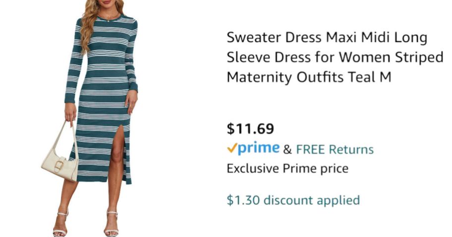 woman wearing striped dress next to Amazon pricing information