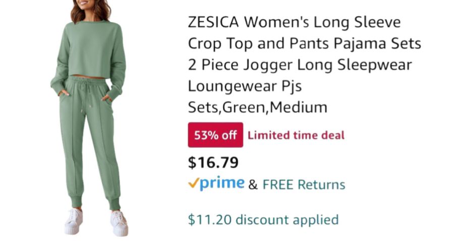 woman wearing green lounge set next to Amazon pricing information