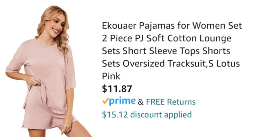 woman wearing pajamas next to Amazon pricing information