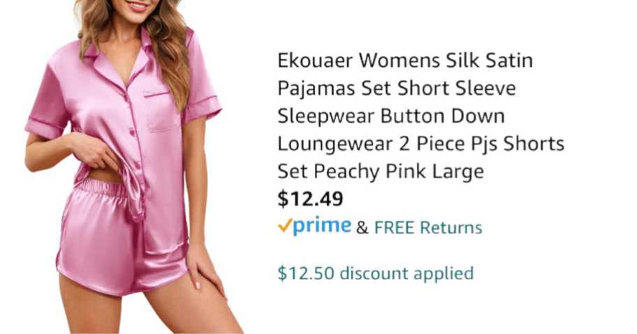 woman wearing pink pajamas next to Amazon pricing information