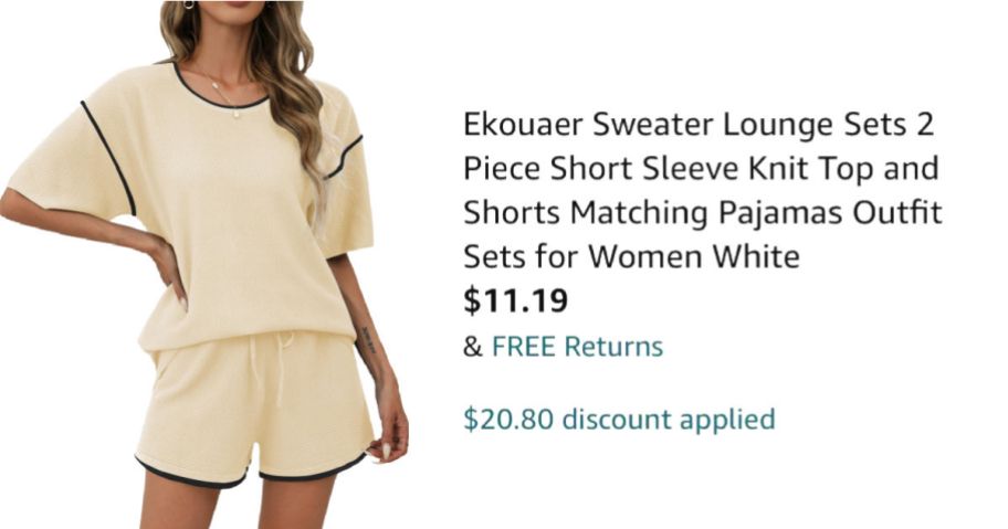 woman wearing beige sweater set next to Amazon pricing information