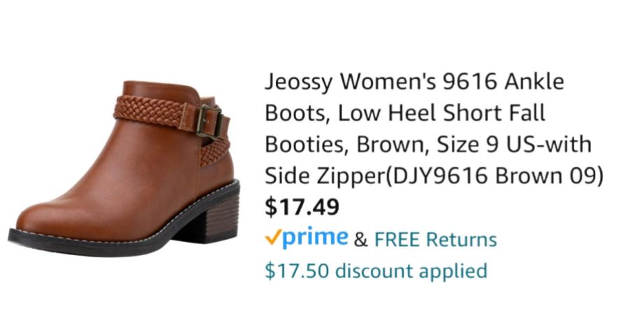 brown ankle boots next to Amazon pricing information