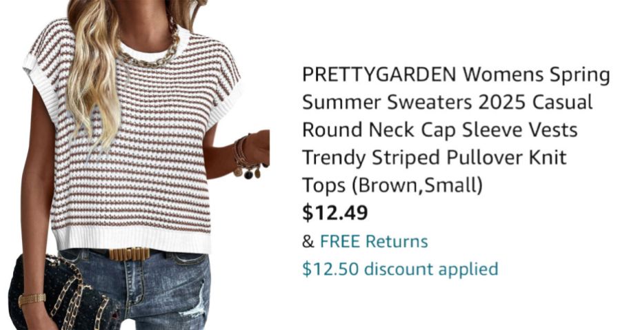 woman wearing striped sweater next to Amazon pricing information