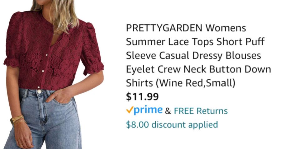 woman wearing red shirt next to Amazon pricing information