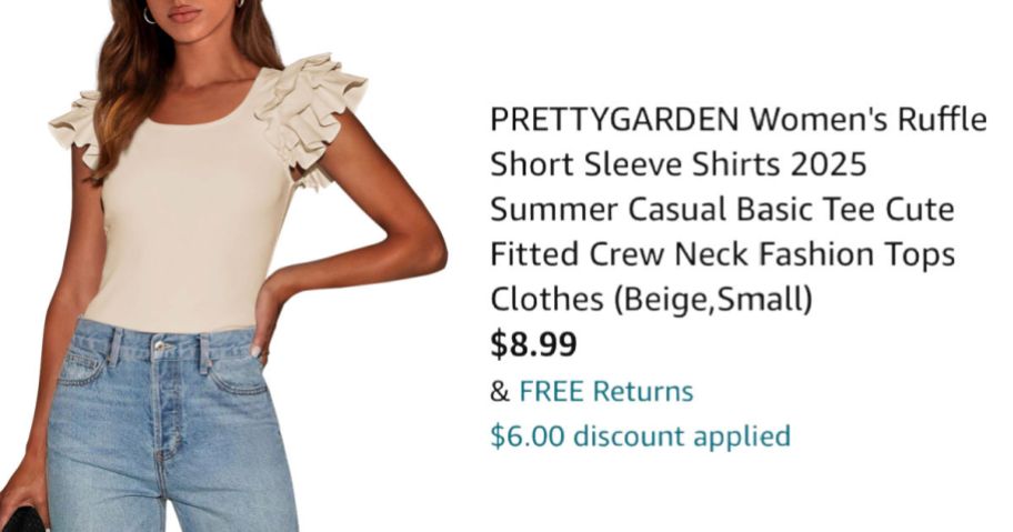 woman wearing ruffled shirt next to Amazon pricing information