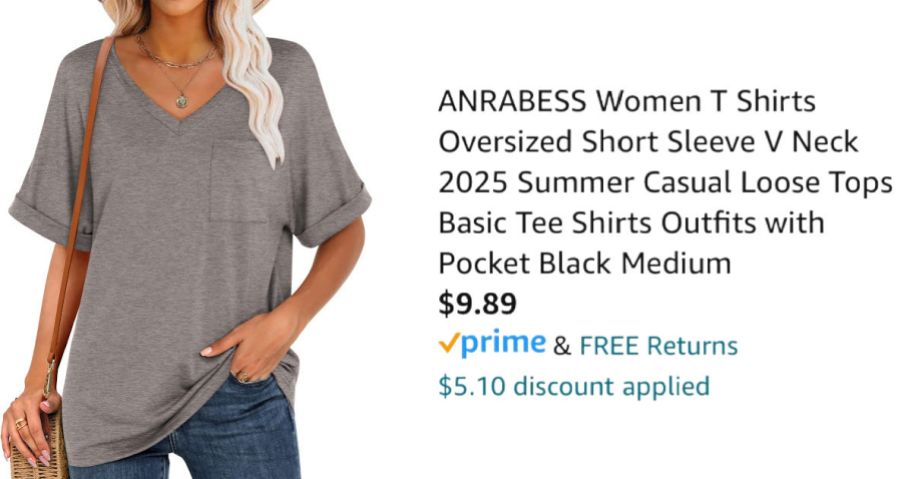 woman wearing tan v-neck next to Amazon pricing information