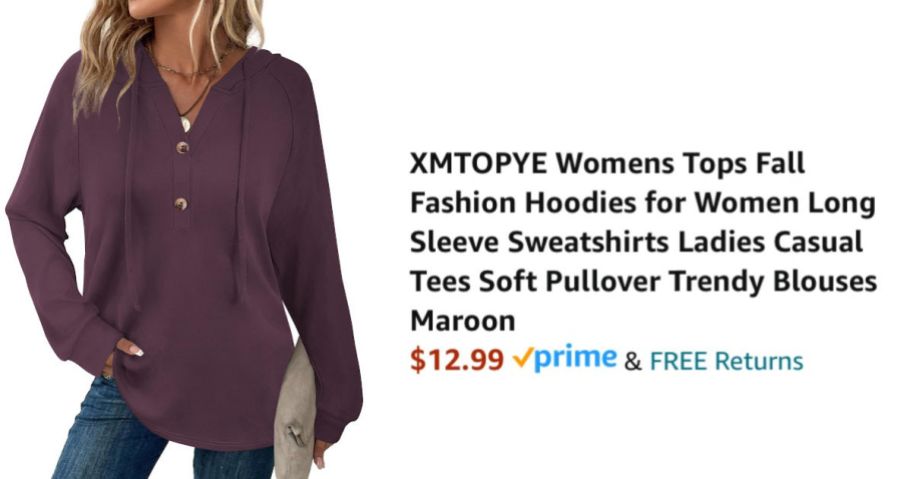 woman wearing maroon hoodie next to Amazon pricing information