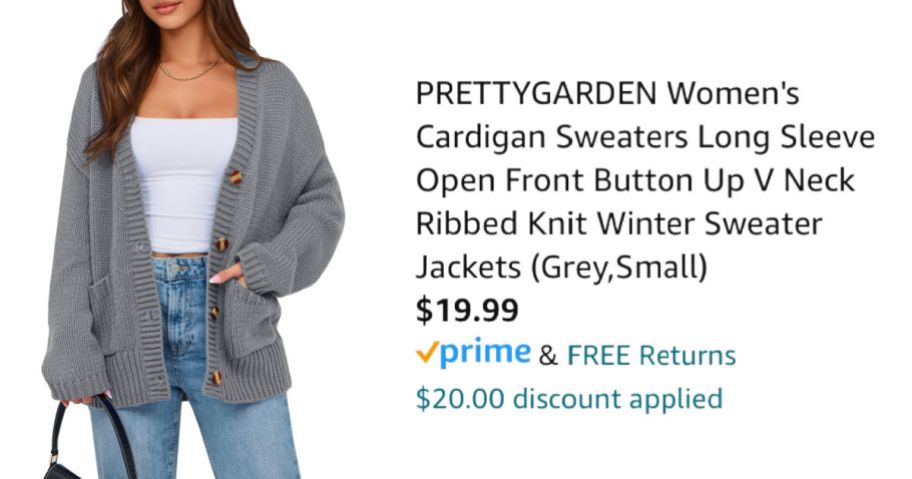 woman wearing gray cardigan next to Amazon pricing information