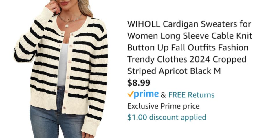 woman wearing striped cardigan next to Amazon pricing information