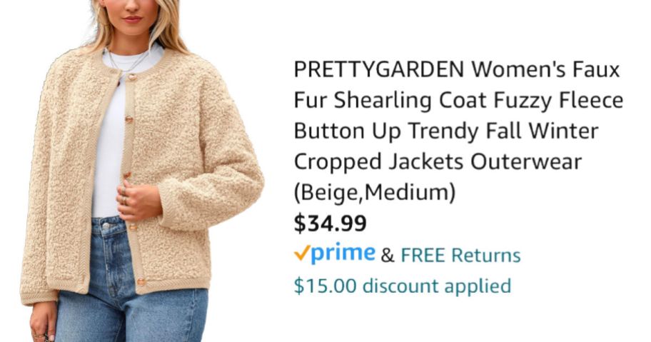 woman wearing sherpa jacket next to Amazon pricing information