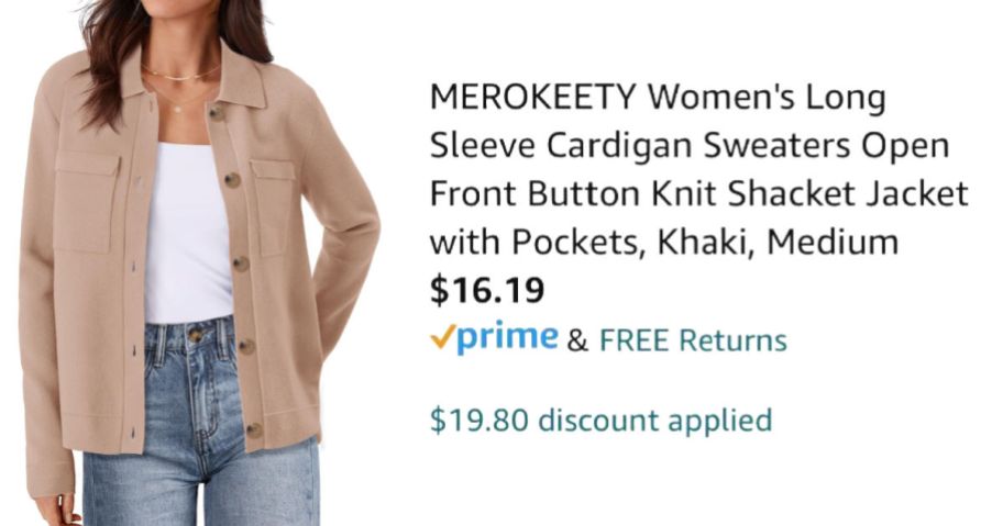 woman wearing tan shacket next to Amazon pricing information