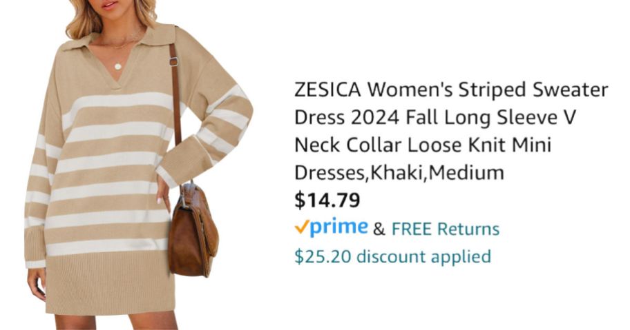 woman wearing tan sweater dress next to Amazon pricing information