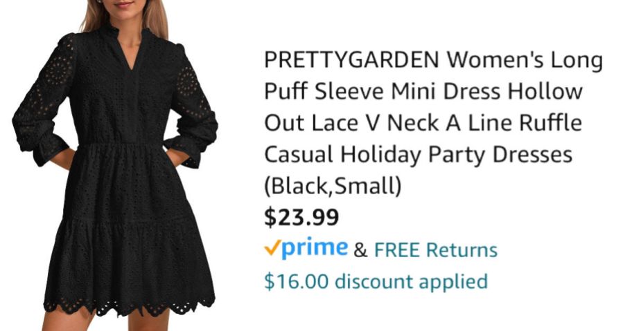 woman wearing black dress next to Amazon pricing information