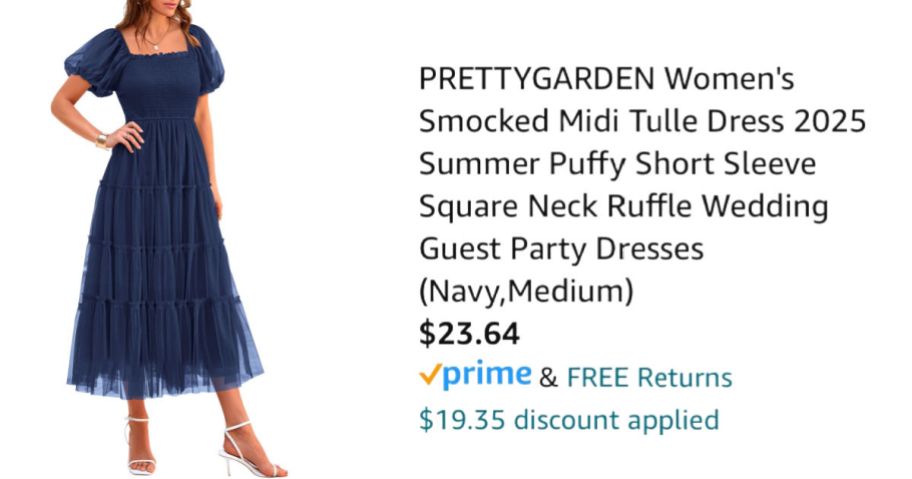 woman wearing blue dress next to Amazon pricing information