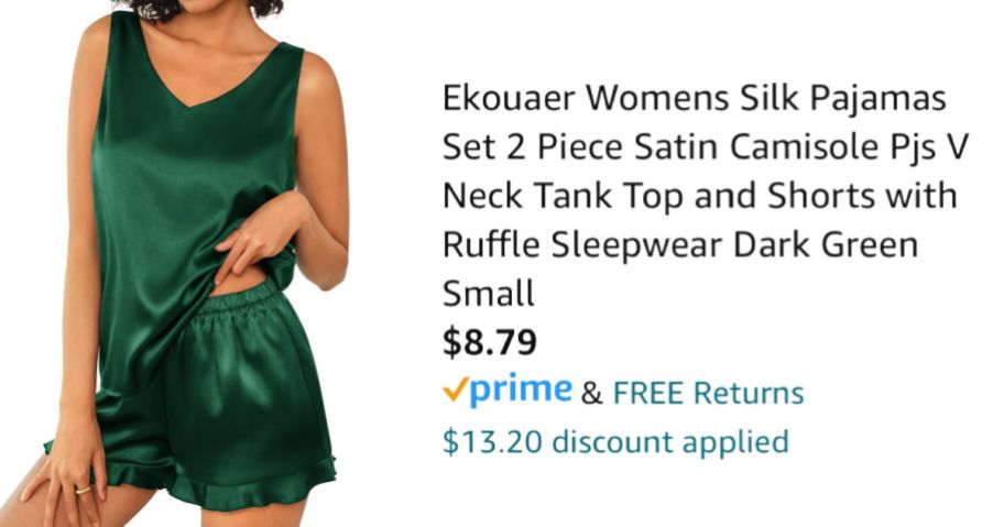 woman wearing silk pajamas next to Amazon pricing information