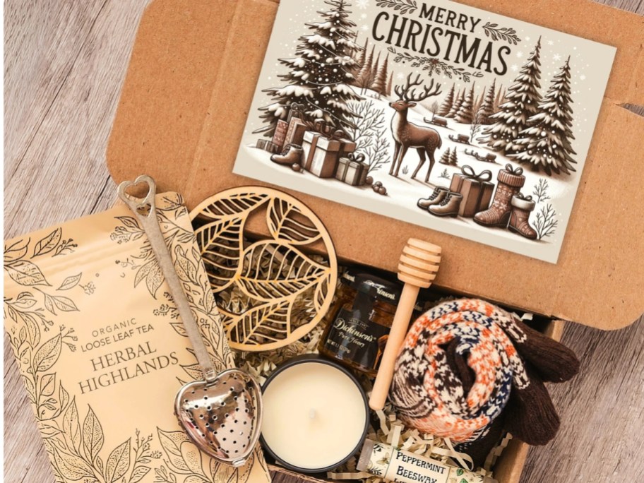 a box with various self care related items in it and a postcard with a winter snow forest scene that says Merry Christmas