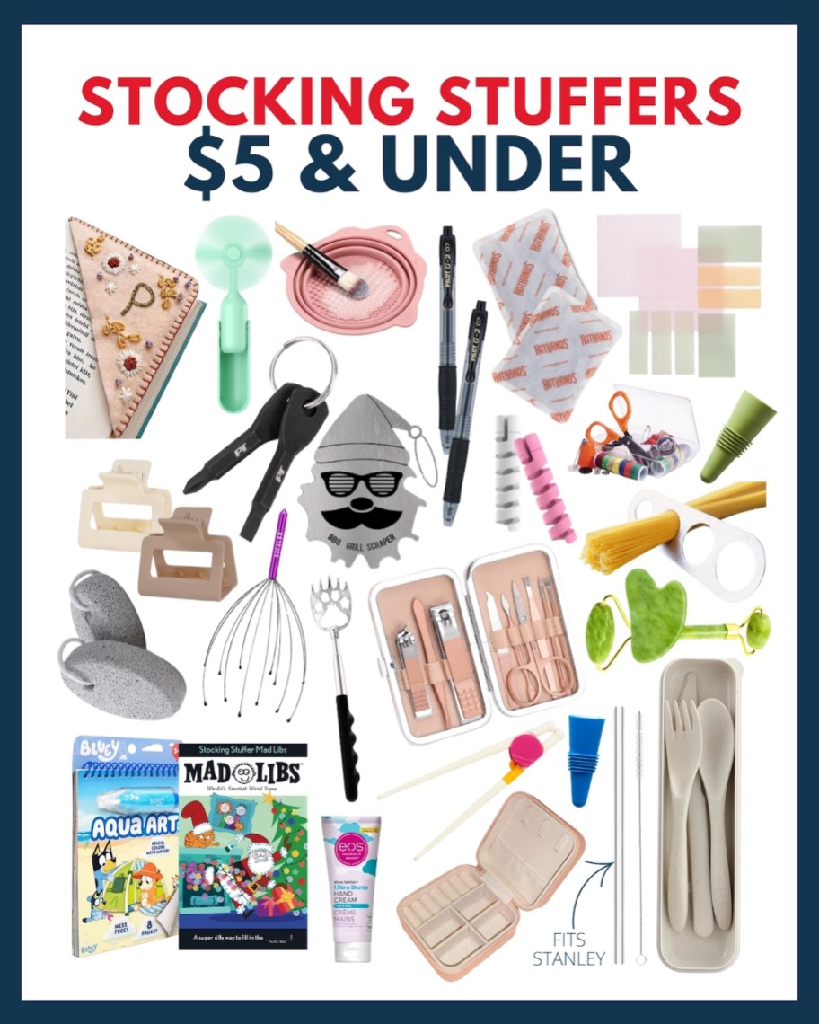 Collage graphic of stocking stuffers five dollars and under with various stock photos