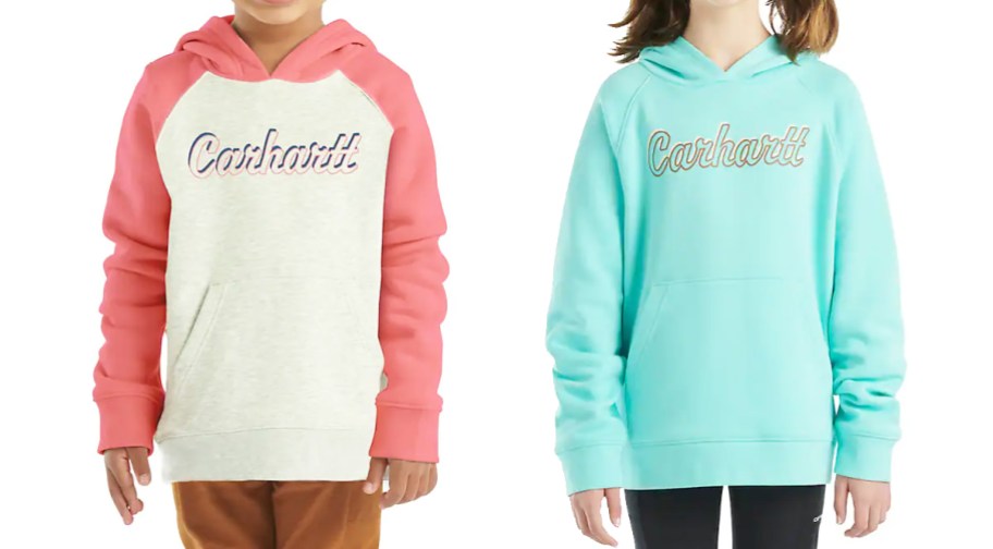 two girls in pink and bright blue carhartt hoodies