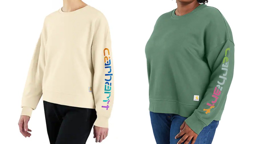 two women in white and green carhartt sweatshirts