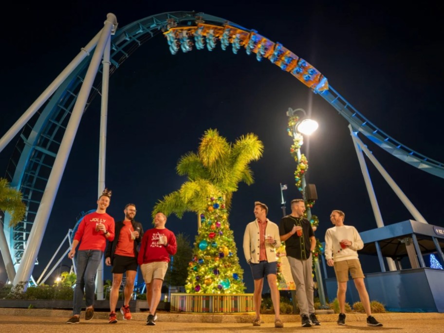 people walking out from under a roller coaster at SeaWorld, there is a palm tree in the middle lit up with Christmas lights like a Christmas tree