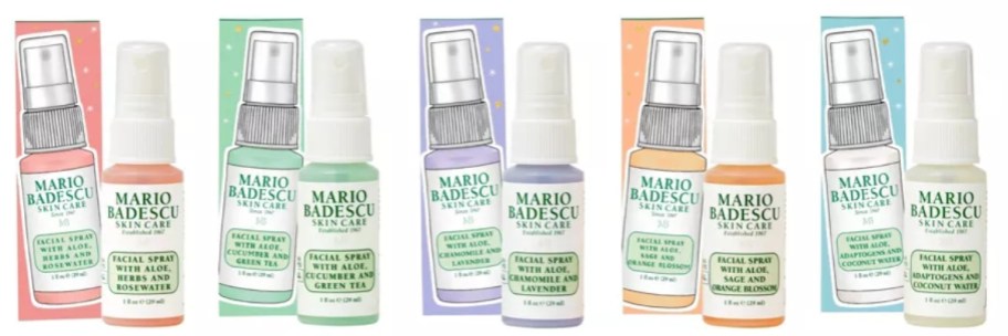 5 small spray bottles with the boxes they come in - all are Mario Badescu brand face skincare sprays