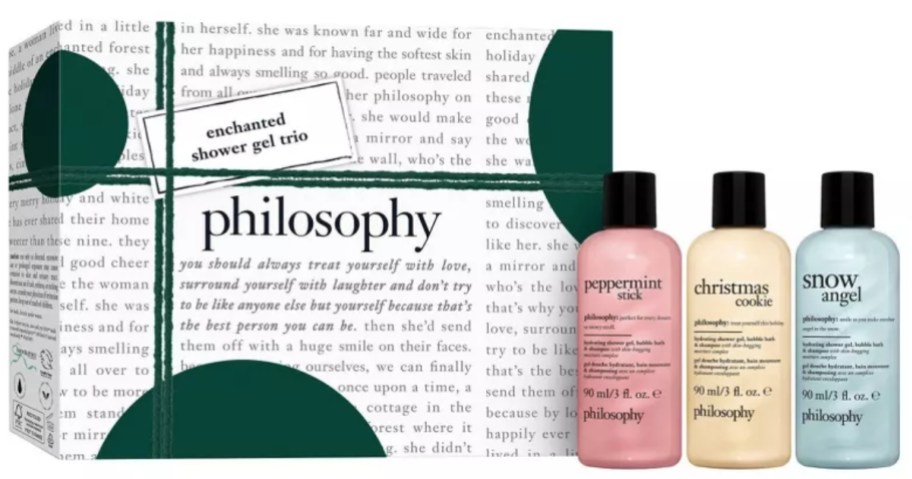 a Philosophy shower get gift set with the box and 3 travel size shower gel bottles