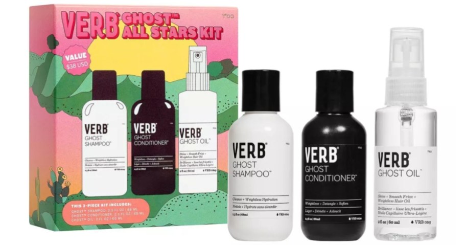 a VERB haircare gift set with 3 travel size bottles and the box they come in