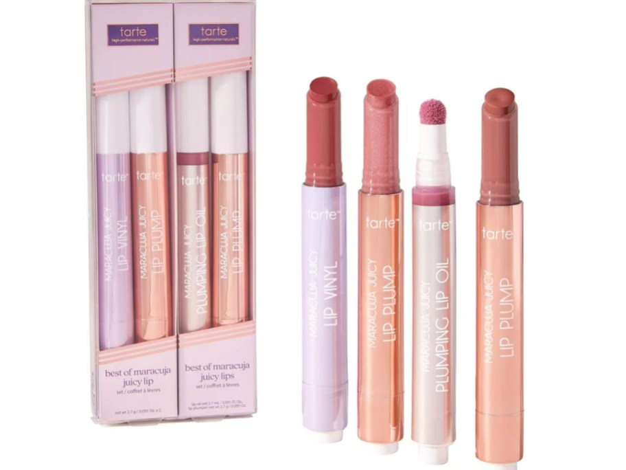 a Tartetarte Best Of Maracuja Juicy Lip Set with 4 open tubes of the lip colors next to a set still in the packaging