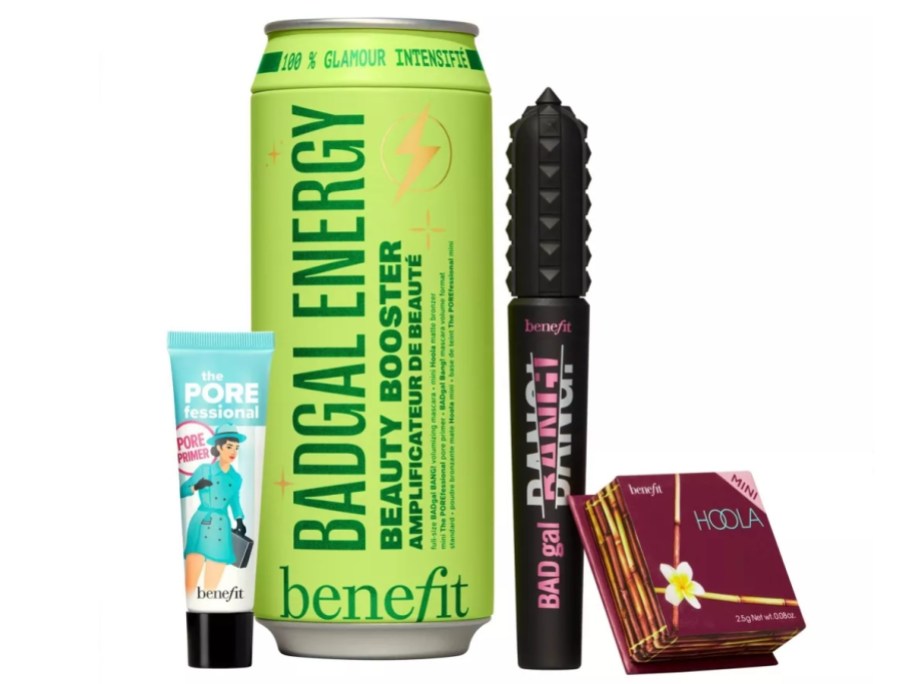 a green Badgal Energy drink can with Benefit Cosmetics face cream tube, mascara tube, and primer mini makeup