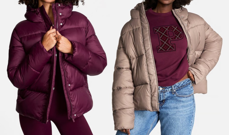 two women in maroon and brown puffer coats