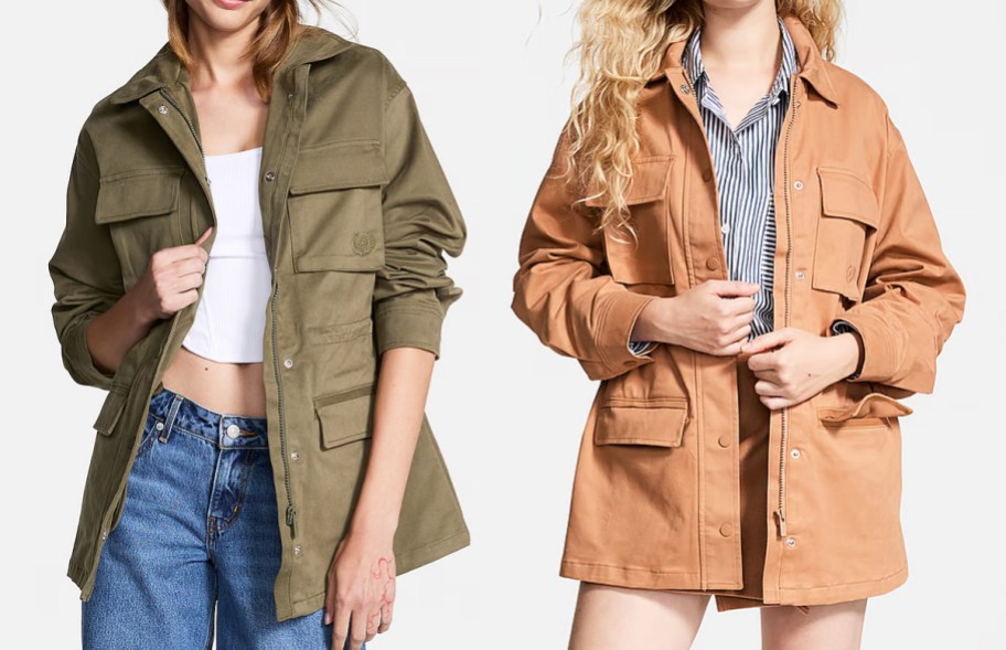 two women in olive green and tan utility jackets