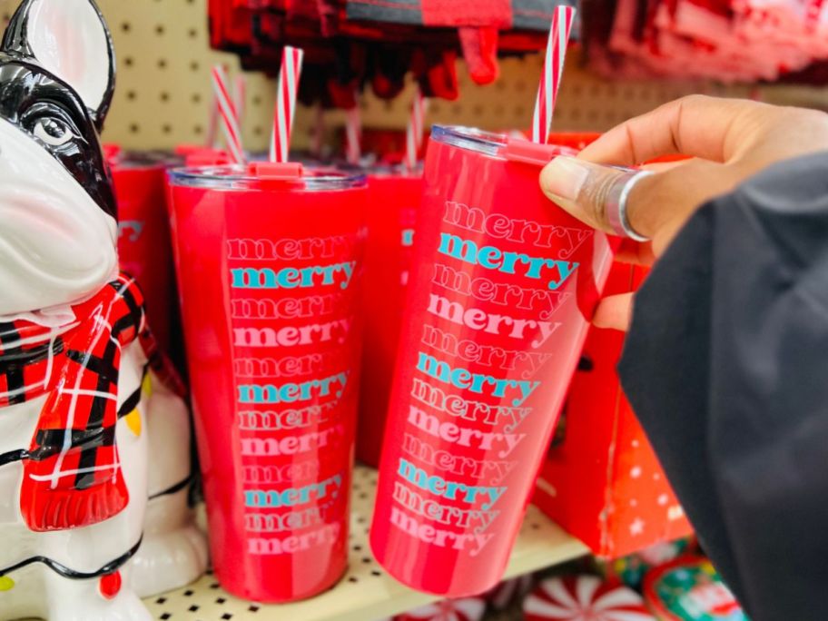 holiday tumblers on a store shelf